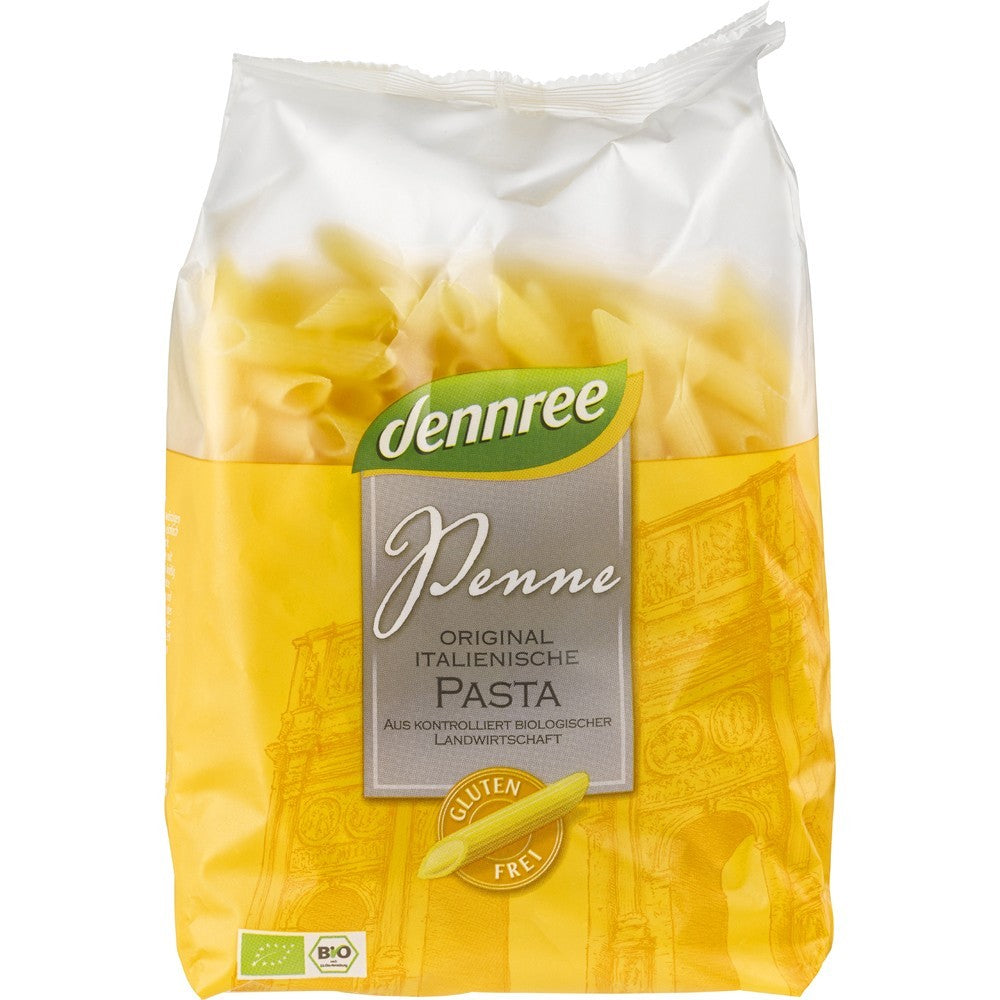 Penne din porumb și orez fără gluten Dennree 500g în ambalaj galben și transparent.