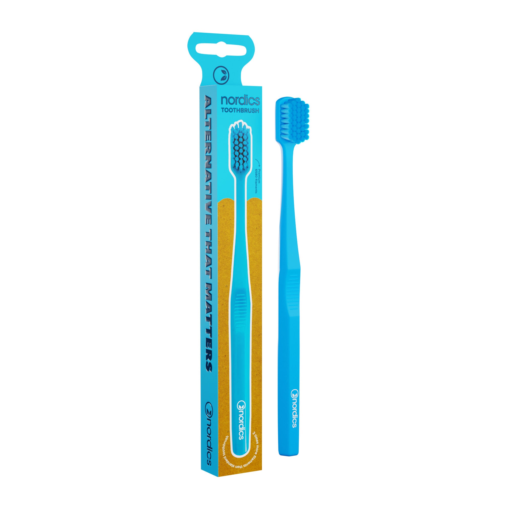 Periuță de dinți PREMIUM albastră Nordics, plastic reciclabil, mâner ergonomic.