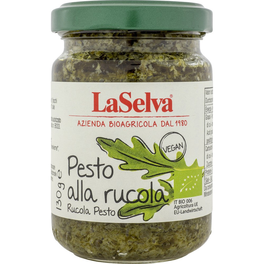 Borcan Pesto cu rucola bio 130g LaSelva, etichetă albă cu frunze verzi, text roșu.