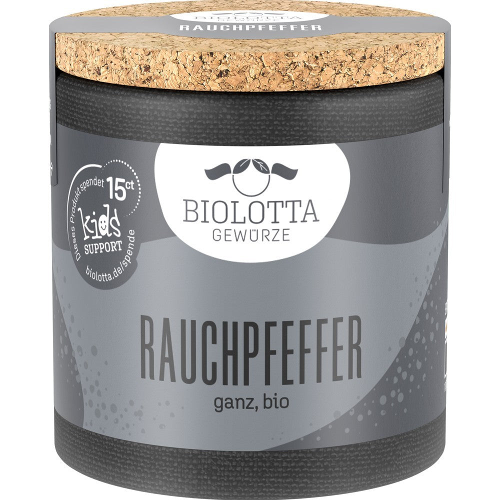 Recipient cu piper boabe afumat BioLotta, capac din plută, etichetă gri.