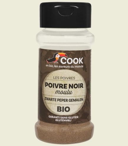 Piper negru măcinat bio 45g Cook în recipient transparent cu capac negru.