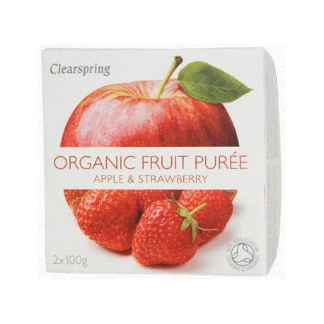 Piure Mere Capsuni Eco 2x100g Clearspring, cutie albă cu imagine de mere și căpșuni.