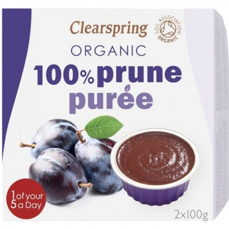 Piure Prune Eco 2x100g Clearspring, ambalaj alb și mov, prune întregi și piure la vedere.