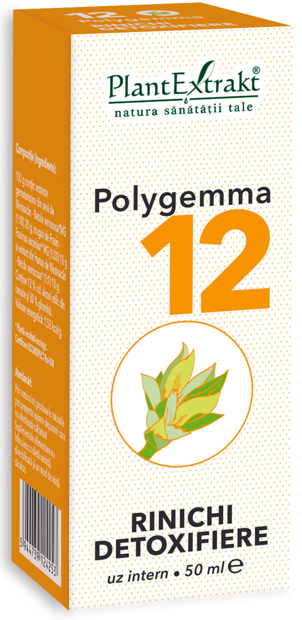 Polygemma 12 rinichi detoxifiere, 50ml, cutie portocalie cu logo Plantextrakt.