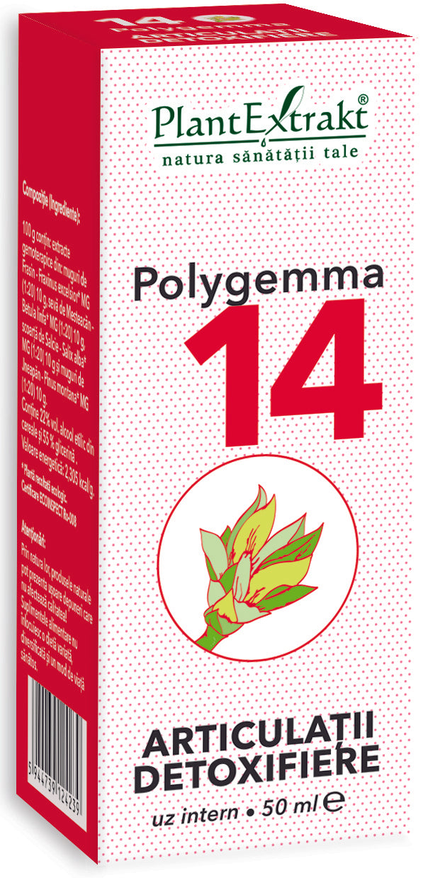 Cutie Polygemma 14, articulații detoxifiere 50 ml, design roșu-alb, logo Plantextrakt.