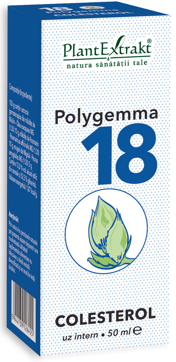 Polygemma 18 colesterol 50 ml, cutie albastră cu text negru și imagine muguri.