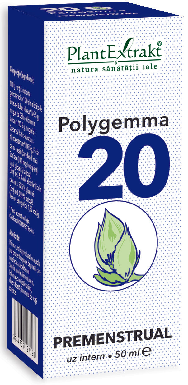 Polygemma 20, produs premenstrual 50 ml, cutie alb-albastră cu motive vegetale.
