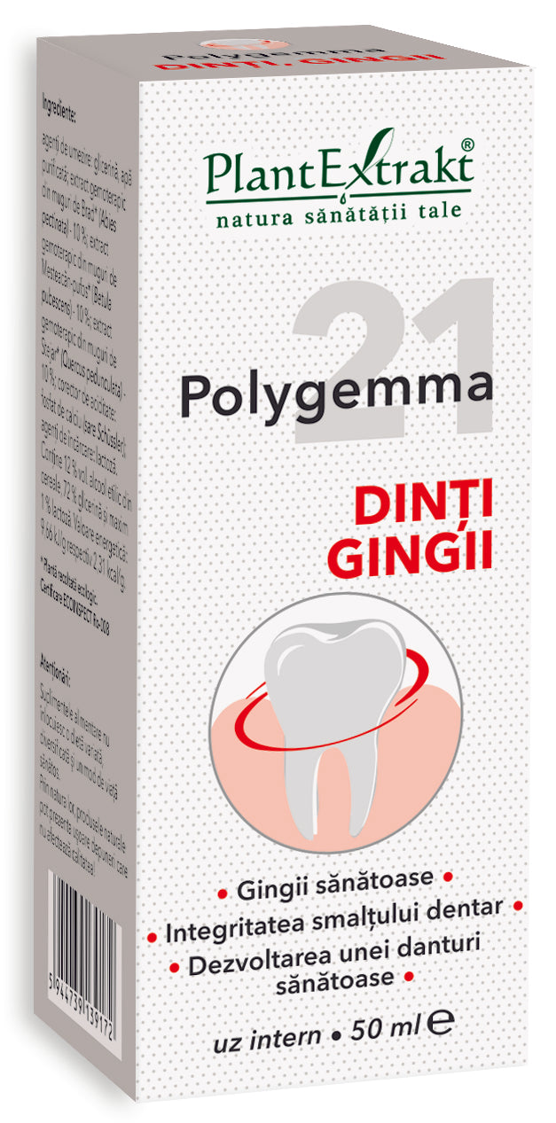 Polygemma 21 dinți, gingii, 50 ml, ambalaj carton alb cu text verde și roșu, imagine dinte.