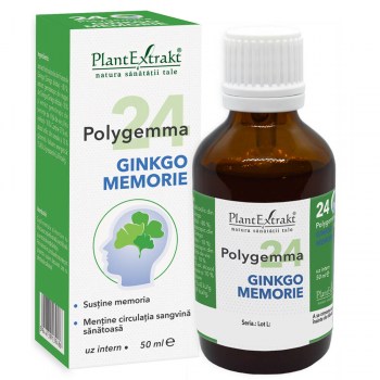 Polygemma 24 Ginkgo Memorie, 50ml, flacon și cutie verzi, extract plante.
