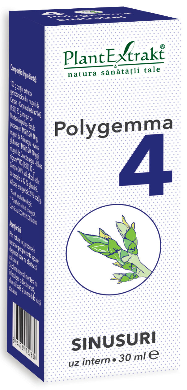Polygemma 4 sinusuri, 30 ml, cutie albastră cu verdețuri, plante medicinale.