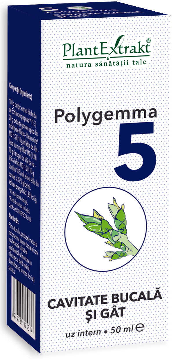 Polygemma 5, cavitate bucală și gât, cutie albastră 50 ml, PlantExtrakt.