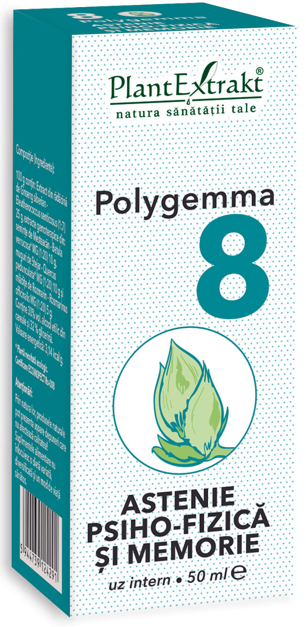 Polygemma 8 cutie 50 ml, tonic, verde alb, plantextrakt, memorie astenie psiho-fizică.