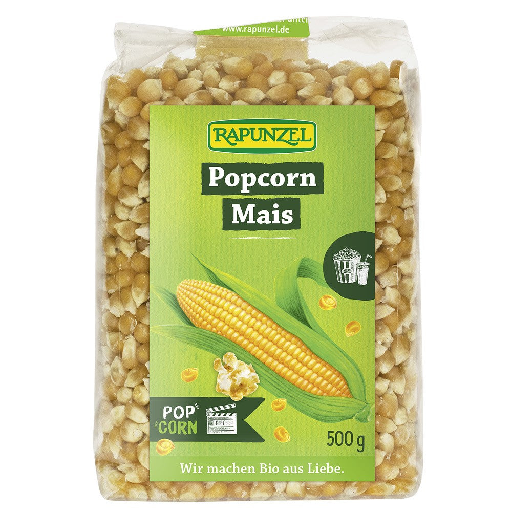 Porumb pentru popcorn bio 500g Rapunzel, ambalaj transparent cu etichetă verde.