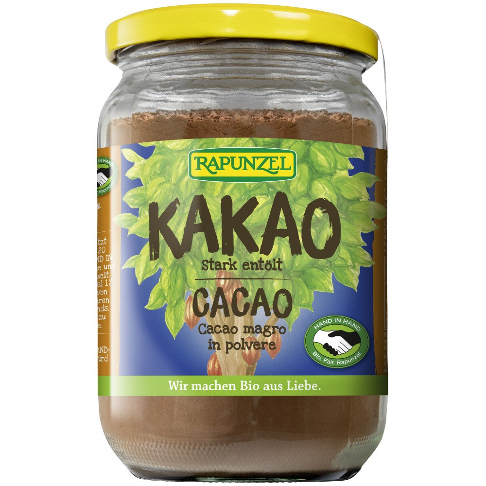 Pudra de cacao bio Rapunzel 250g, borcan cu capac galben, etichetă verde și albastră.