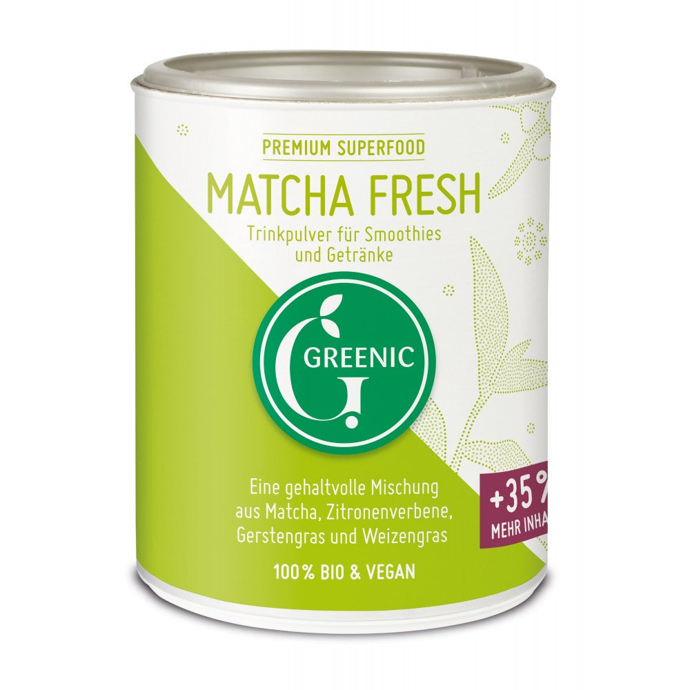 Pudra Matcha Fresh 110g Greenic cu design verde și alb, vegan și organic.