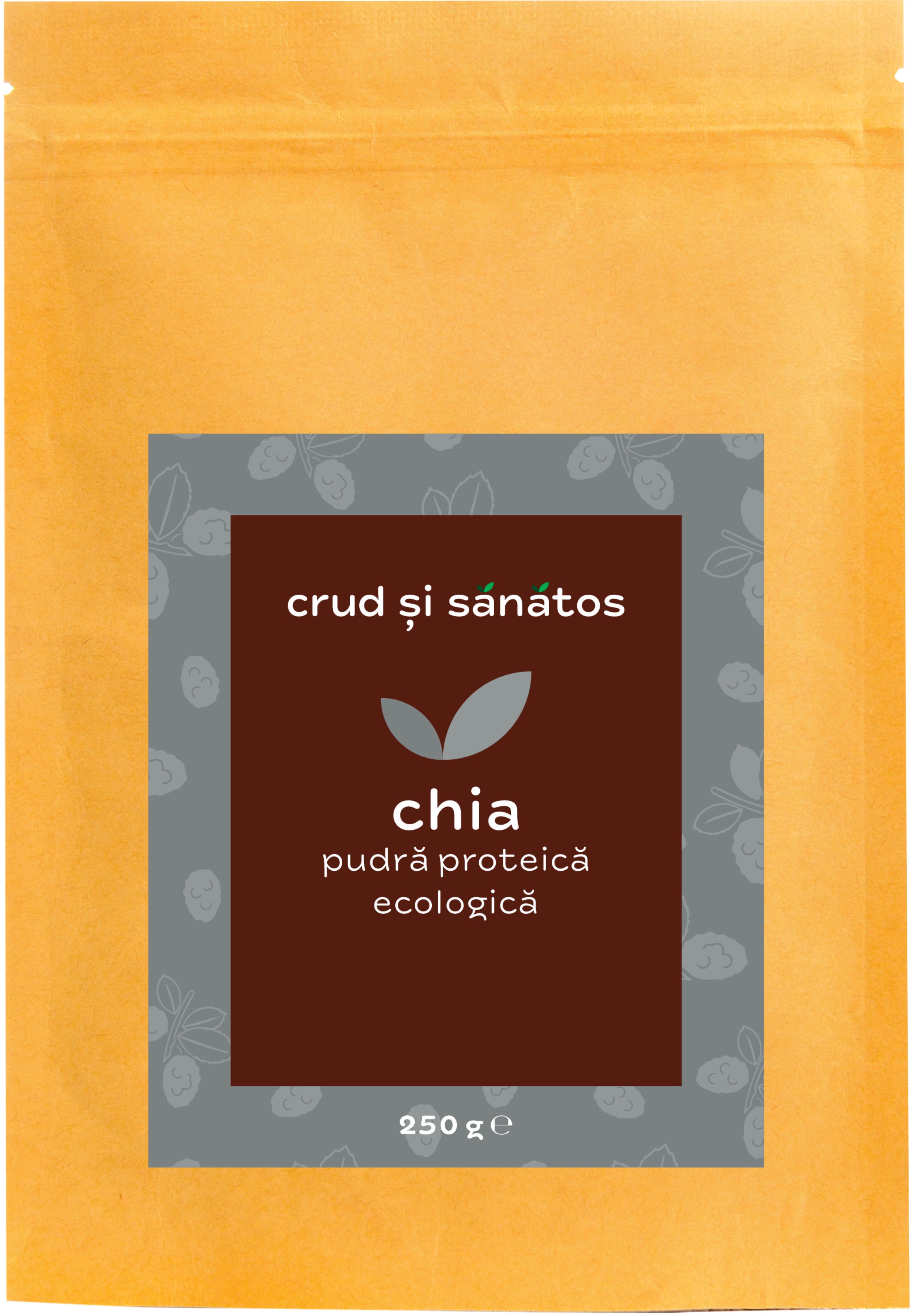 Pudră proteică de chia bio 250g în ambalaj maro și gri, etichetă crud și sănătos.