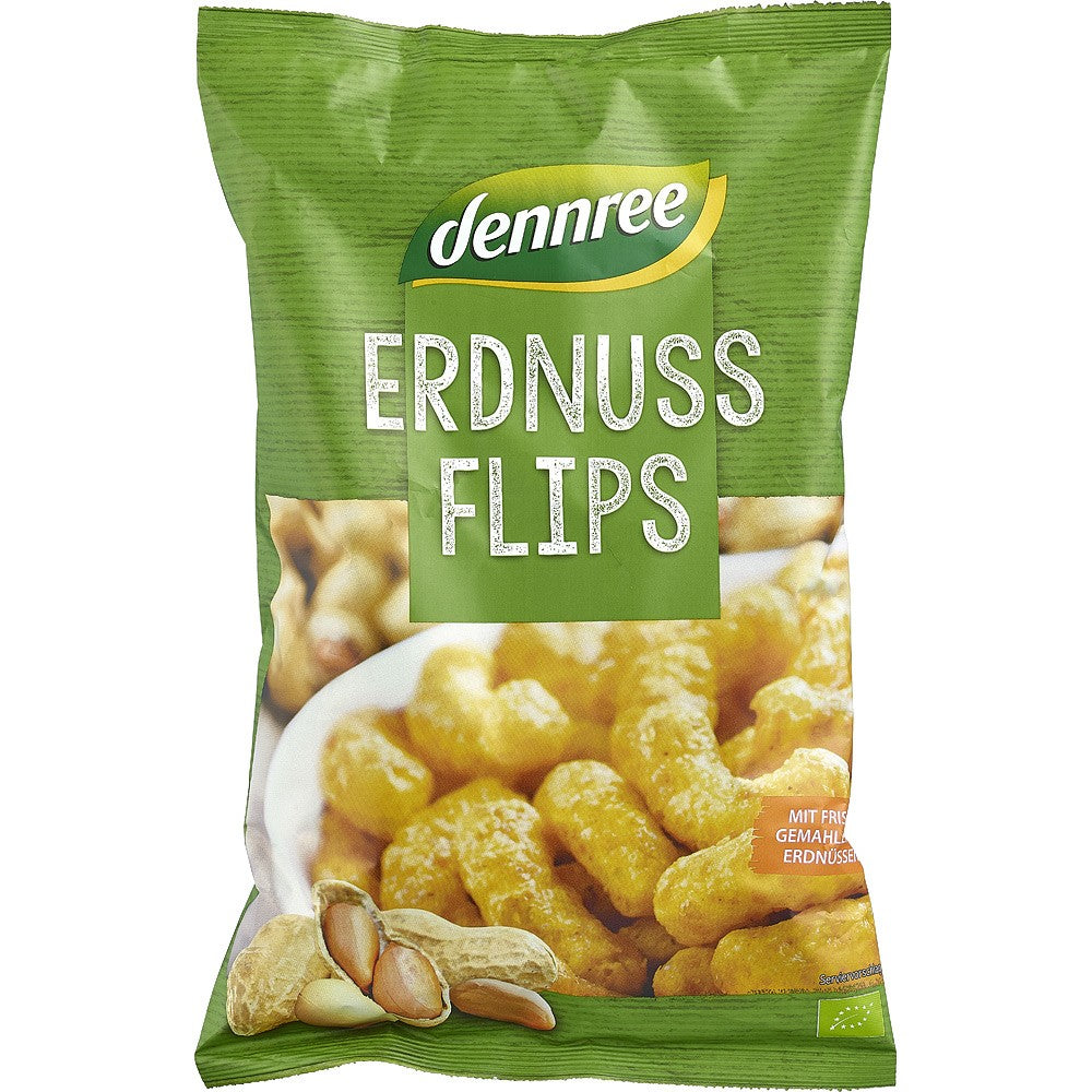 Pufuleti bio cu arahide Dennree, 115g, ambalaj verde, imagine cu pufuleti si arahide.