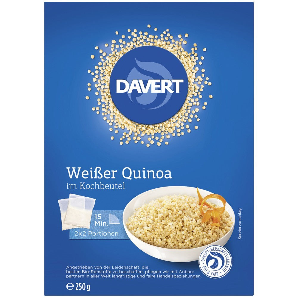 Quinoa albă bio Davert 250g în pungi de gătit, ambalaj albastru.