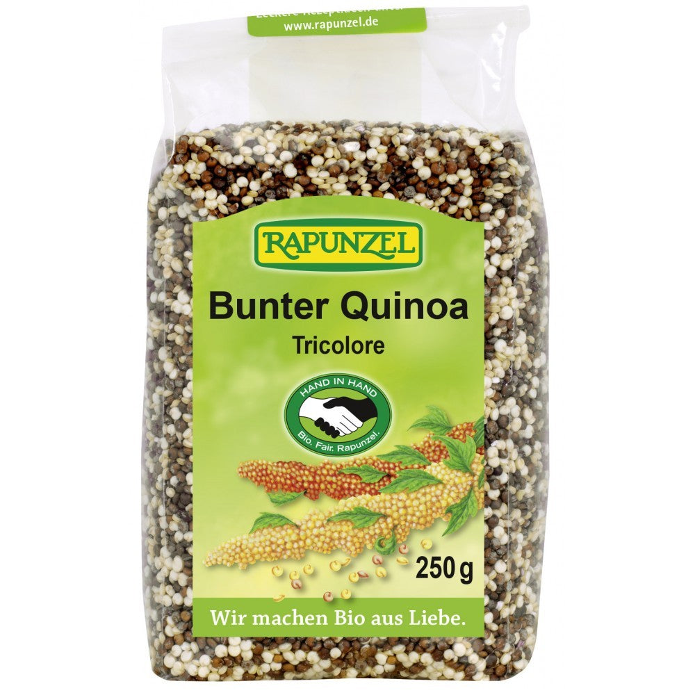 Quinoa colorată bio Rapunzel 250g, soiuri tricolore în ambalaj transparent.