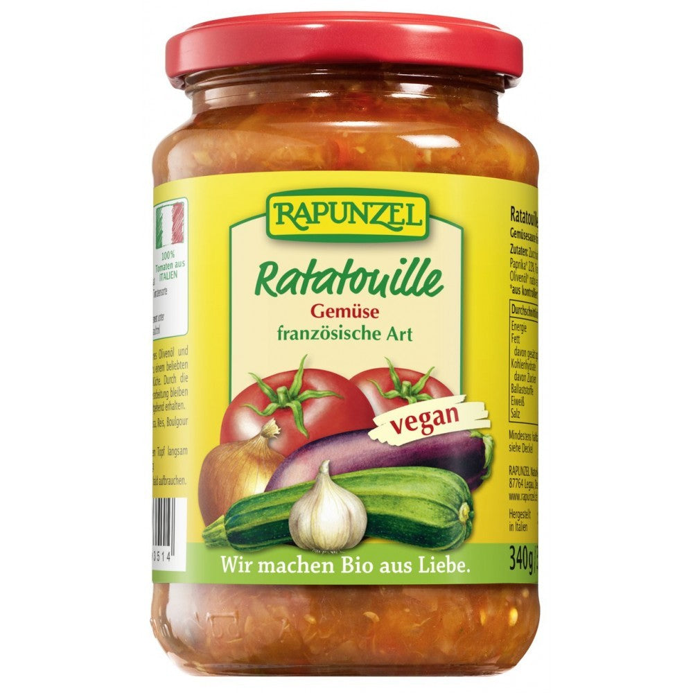 Ratatouille bio vegan Rapunzel 340g, etichetă galbenă, borcan cu capac roșu.