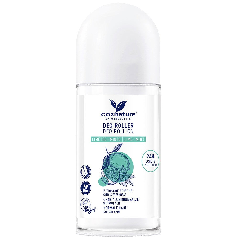 Roll-on cu lime bio și mentă fără aluminiu, 50ml, etichetă albastră, Cosnature, protecție 24h.