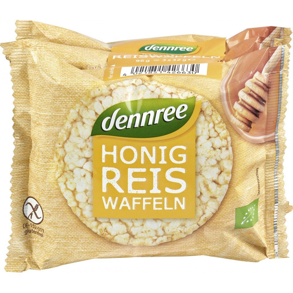 Rondele din orez Dennree fără gluten, ambalaj galben, 96g, miere bio.