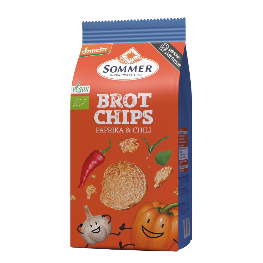 Rondele vegane de pâine cu ardei și chili Sommer, ambalaj portocaliu 100g.