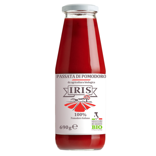 Roșii bio pasate Iris Bio, 690g, etichetă albă cu roșu și capac transparent.