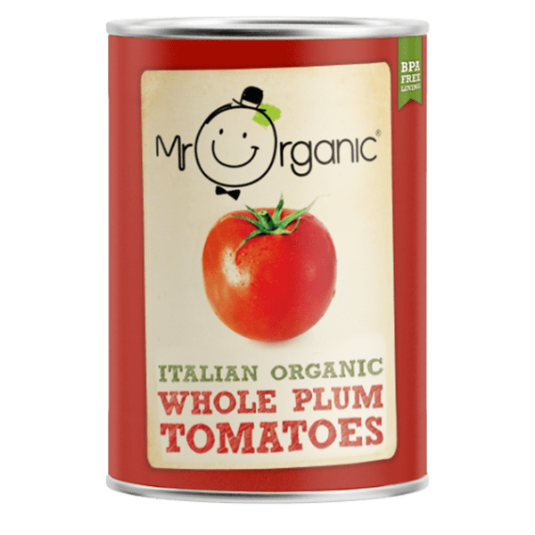 Conservă roșii italiene bio prunișoare întregi, 400g, etichetă roșie.