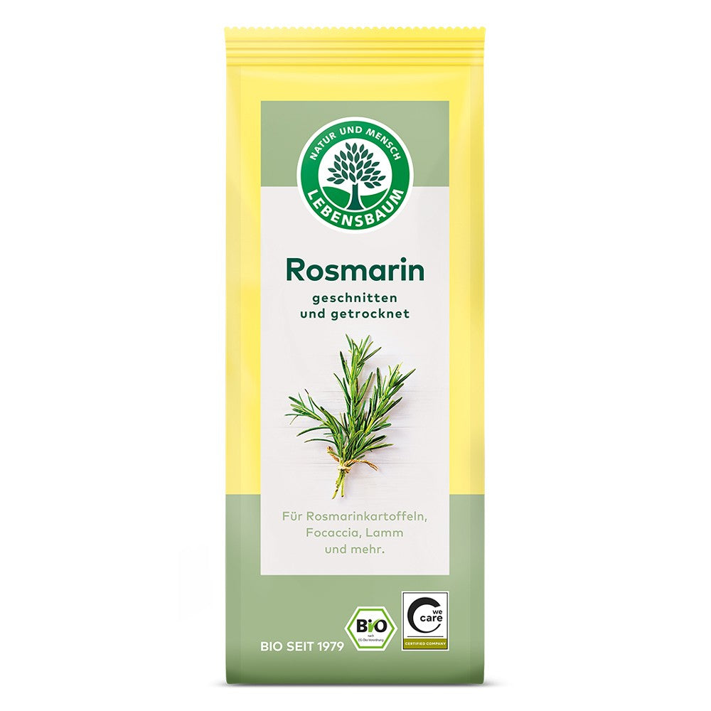 Rozmarin bio 30g Lebensbaum, pachet galben-verde, etichetă cu logo, grafică rozmarin.