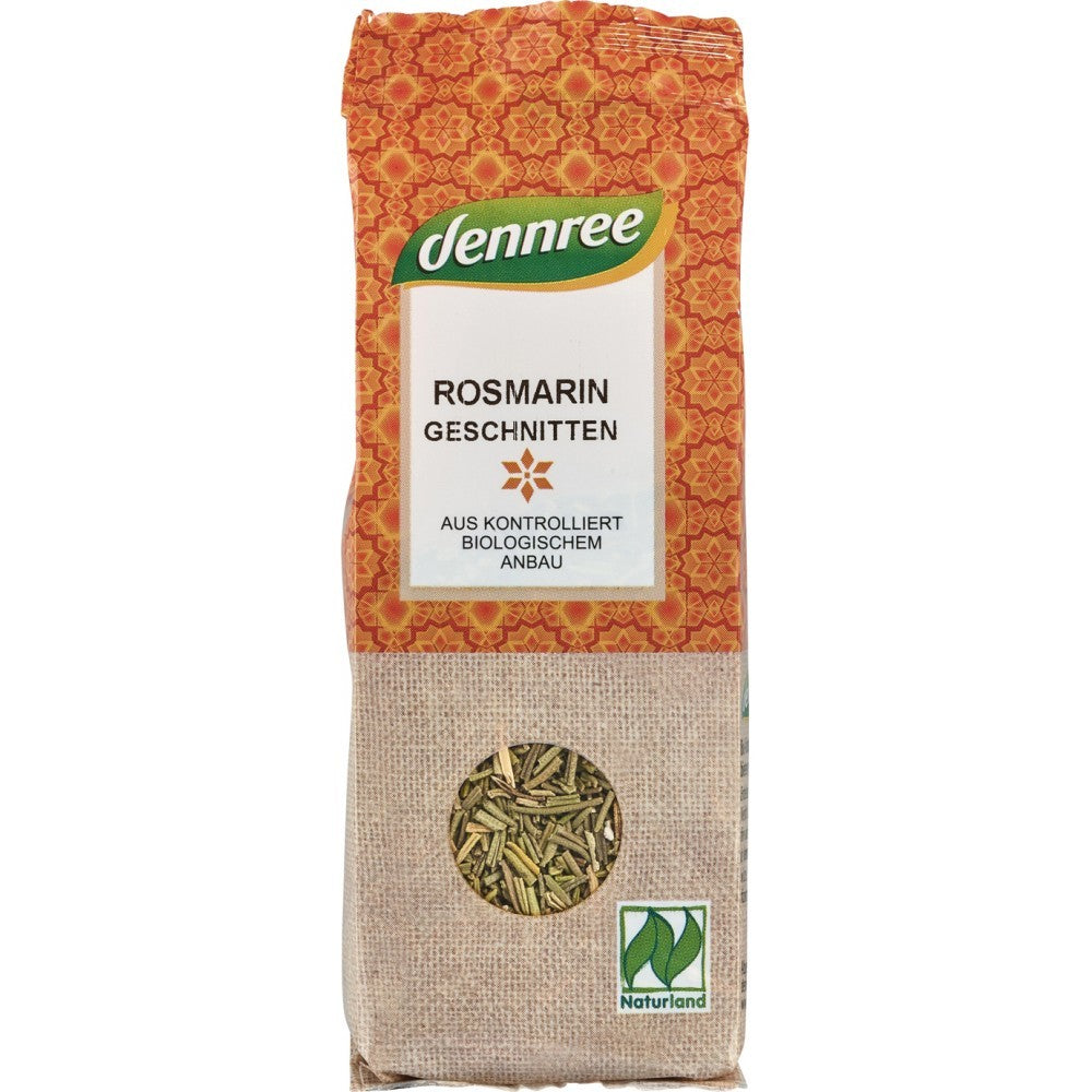 Pachet Rozmarin tocat 35g Dennree, ambalaj maro și design portocaliu cu sigla Naturland.
