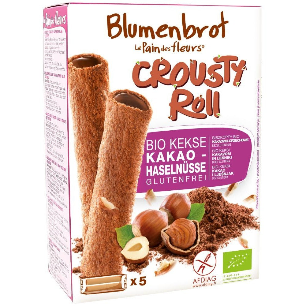 Biscuiți rulou crocanți fără gluten cu cremă de cacao și alune, 5 bucăți.