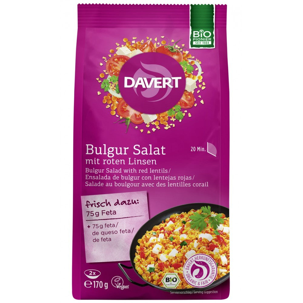 Pachet mov de salată bulgur cu linte roșie Davert 170g, ingrediente bio.