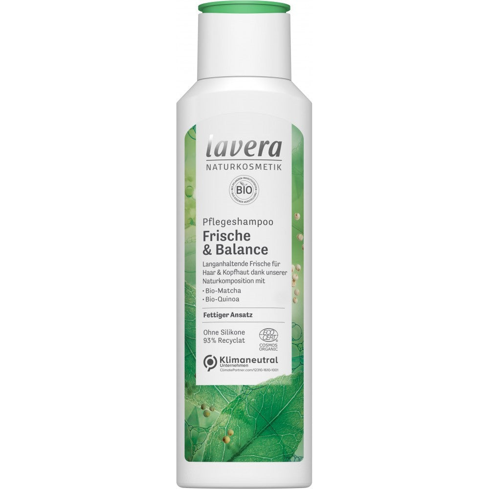 Șampon Lavera pentru prospețime și echilibru, 250ml, bio-Matcha și bio-Quinoa, ambalaj alb și verde.