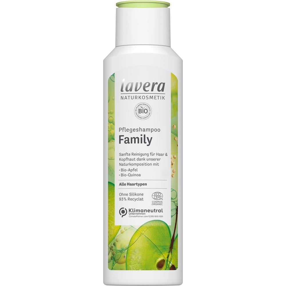 Șampon Lavera bio cu măr și quinoa 250ml, design alb-verde, etichetă detaliată.