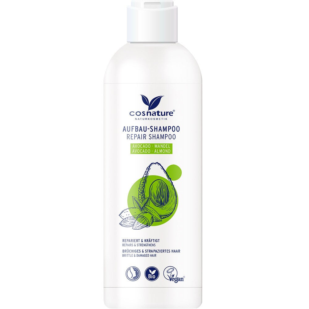 Șampon reparator Cosnature cu avocado bio și migdale, sticlă albă de 250g, etichetă verde.