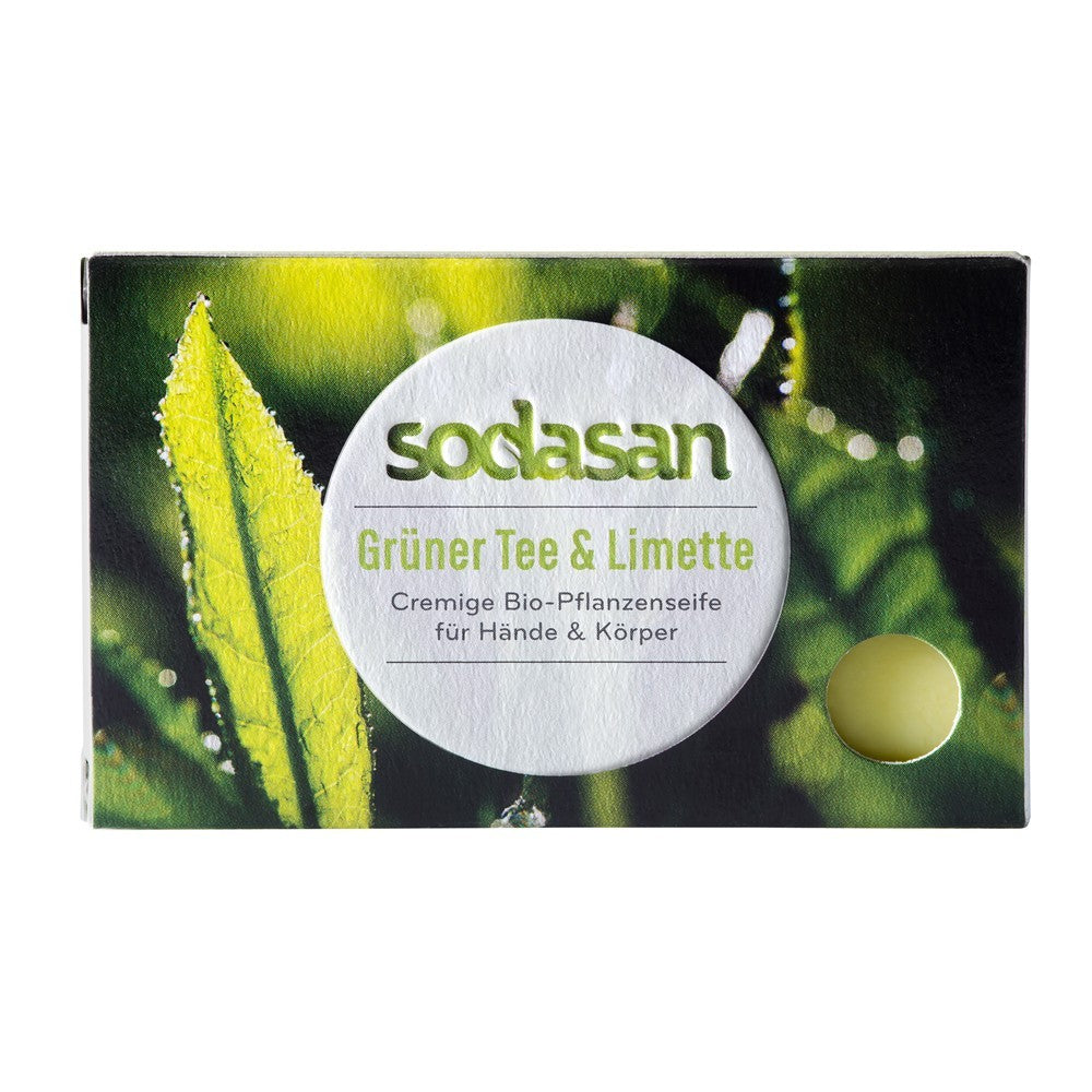 Săpun bio cremă ceai verde și lime, 100g, Sodasan, ambalaj verde.
