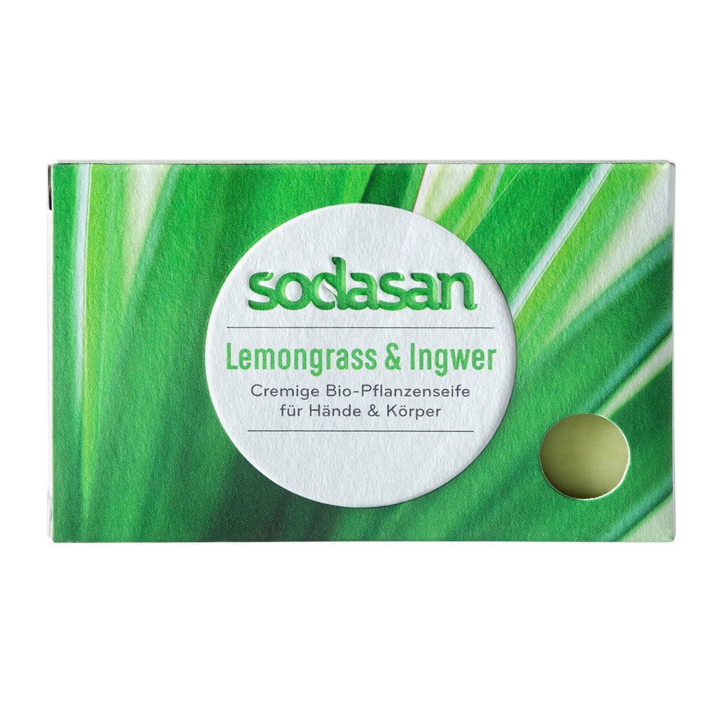 Sapun crema bio lemongrass si ghimbir 100g SODASAN în cutie verde cu detalii naturale.