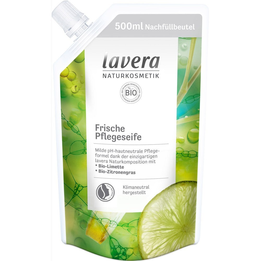 Rezerve săpun lichid Lavera 500ml design alb-verde, imagini lime și lemongrass bio.