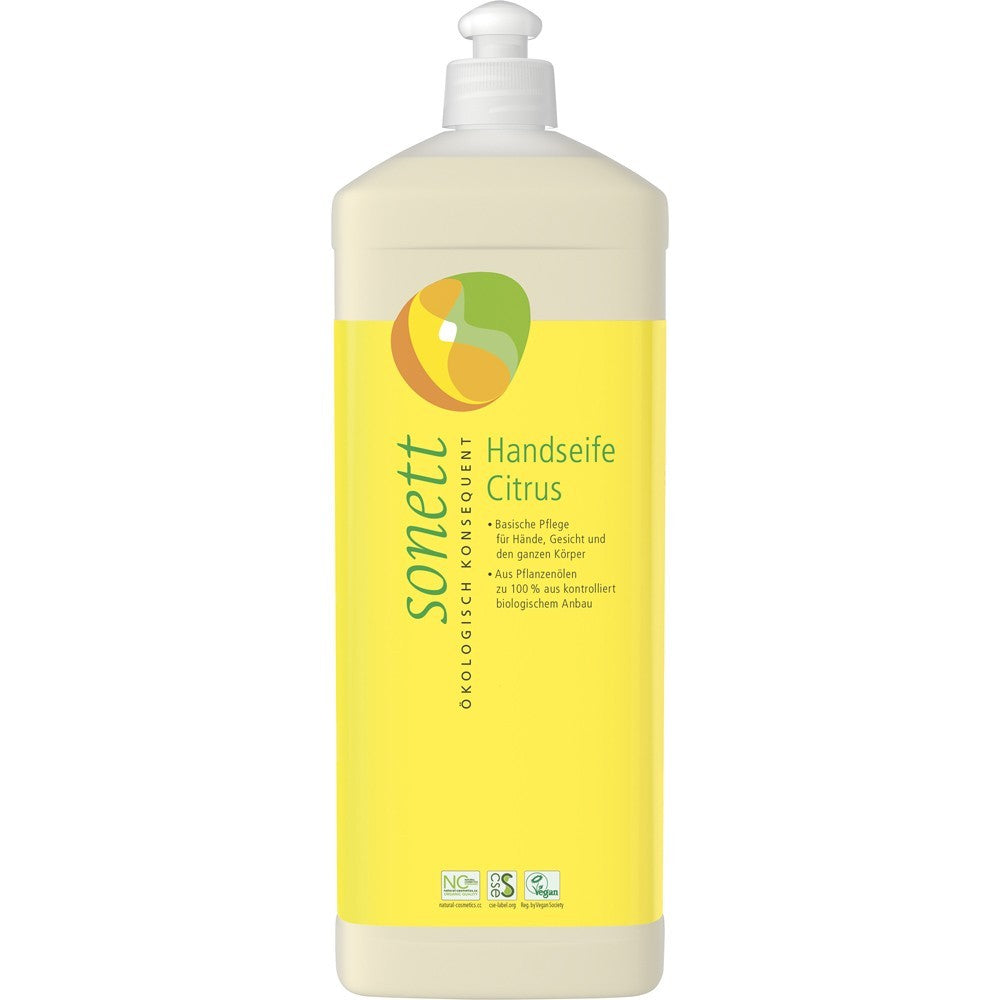 Săpun lichid cu lămâie Sonett, 1L, sticlă galbenă și albă, etichetă citrus, ecologic.