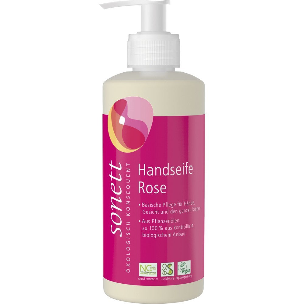 Săpun lichid cu trandafir bio Sonett, flacon dozator 300ml, etichetă roz.