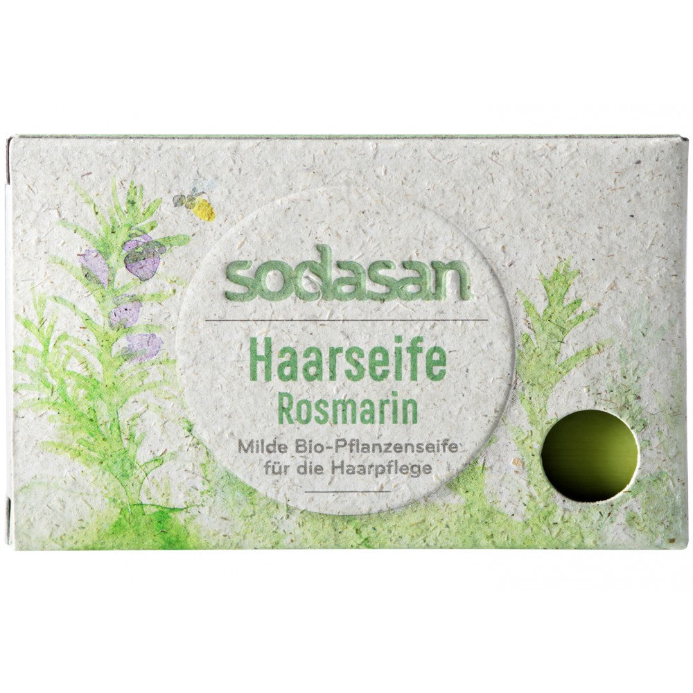 Săpun cu rozmarin organic Sodasan, 100g, cutie carton imprimat cu plante verzi.