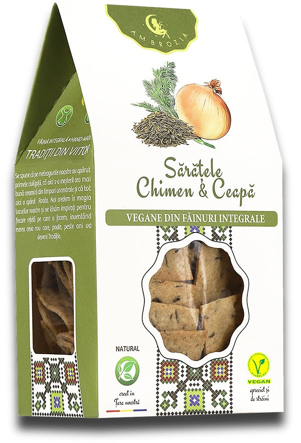 Sărățele Chimen & Ceapă Ambrozia 107g, cutie albă cu fereastră și logo verde.