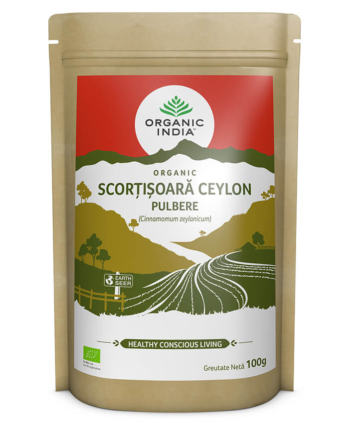Scorțișoară Ceylon pulbere 100g Organic India, ambalaj eco maro și etichetă roșie-verde.
