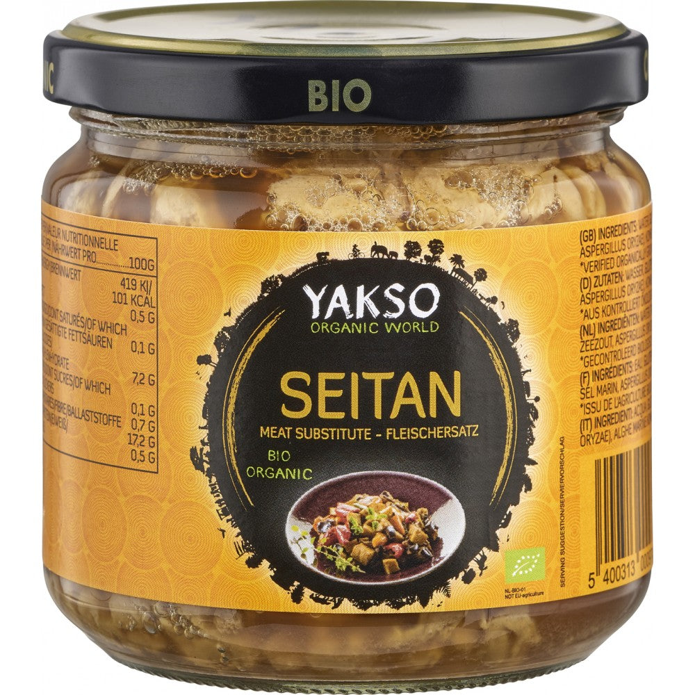 Borcan Seitan bio 330ml Yakso cu etichetă galbenă și capac negru.