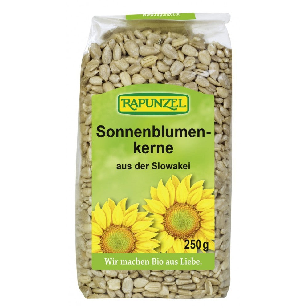 Semințe bio floarea soarelui Rapunzel 250g, ambalaj verde cu imagine floarea soarelui.