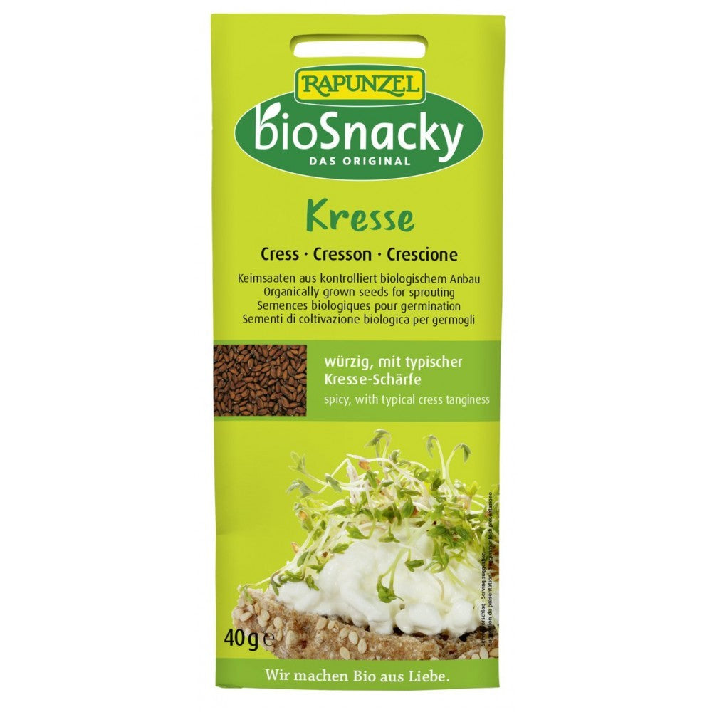 Semințe de creson bio Rapunzel BioSnacky 40g, ambalaj verde cu imagini germinate.
