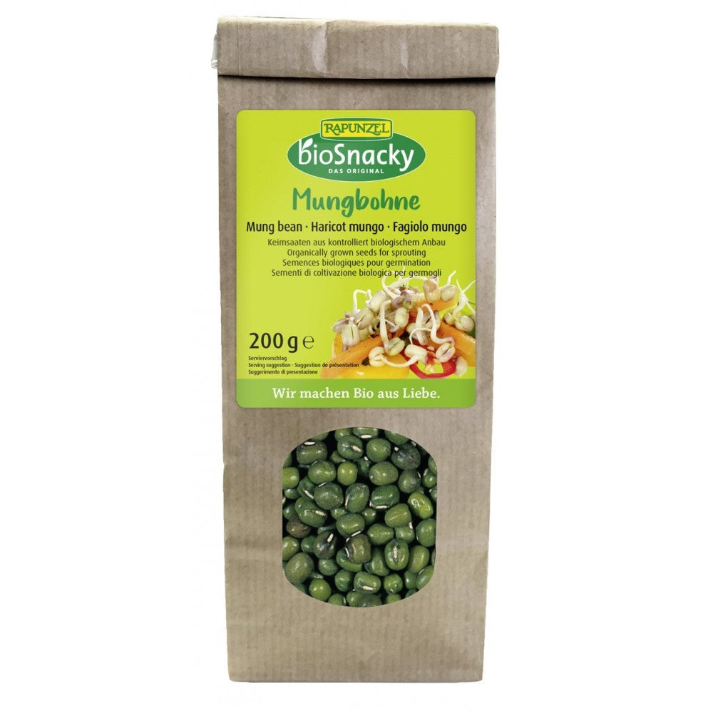 Seminte de fasole mung bio pentru germinat, pachet 200g BioSnacky Rapunzel, ambalaj kraft.