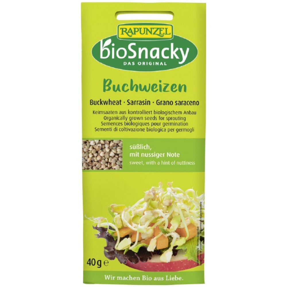 Semințe hrișcă germinare BioSnacky Rapunzel 40g, pachet verde, imagine salată.