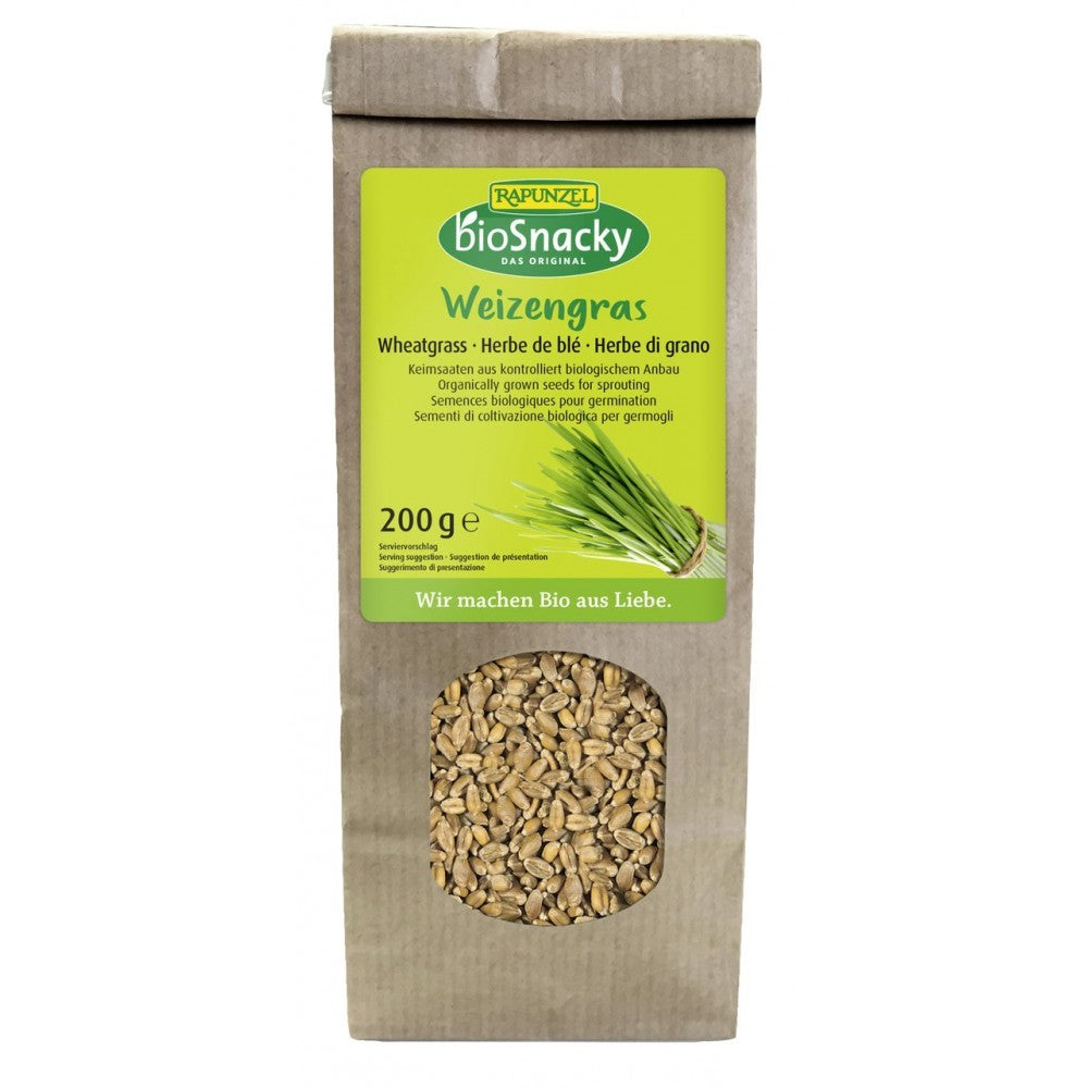 Seminte de grau bio pentru germinat, pachet carton 200g, eticheta verde BioSnacky Rapunzel.